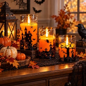 May include: Three cylindrical glass candles with orange wax and black silhouettes of haunted houses, witches, bats, spiders, and trees. Each candle features a lit wick, creating a warm glow. The designs include intricate spider webs and pumpkins.
