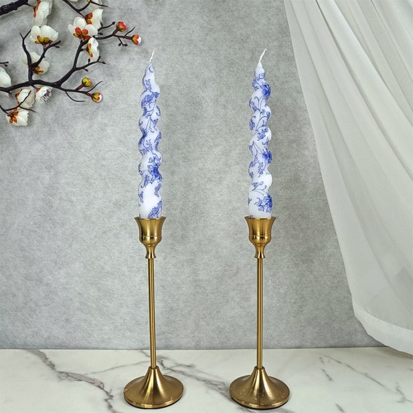 Spiral Candle Sticks Printed Candlestick | Set of 2 Twisted Candlesticks | Blue Flower Tapered Candles | Gifts | Chinese style | Table Decor