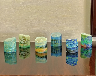 Velas LED de té con pintura de Van Gogh, juego de 12 o 24, velas sin llama, 6 obras de arte famosas, regalo original personalizado
