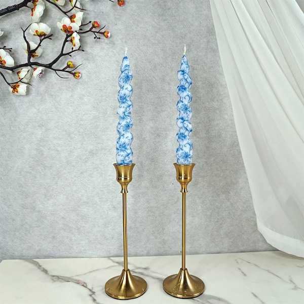 Spiral Candle Sticks Printed Candlestick | Blue Flower Tapered Candles | Gifts | Chinese style | Table Decor | blue-and-white porcelain