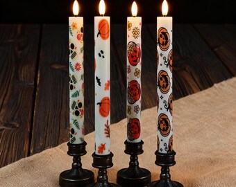 10" Halloween Flameless LED Taper Candles, Battery Timer Candles Pumpkin Skull Candlestick Halloween Party Decor Birthday Gift