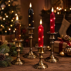 May include: Four LED taper candles in brown, black, and two shades of red, each featuring embedded fairy lights and a flame-shaped tip. The candles are held in individual brass-toned metal candle holders with a classic pedestal base design.