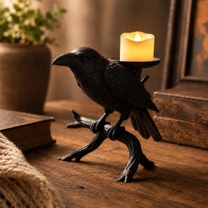 May include: A black raven figurine perched on a textured branch, featuring a circular platform on its back that holds a small, glowing, cylindrical white candle. The raven has detailed feather textures and is depicted in a standing position.