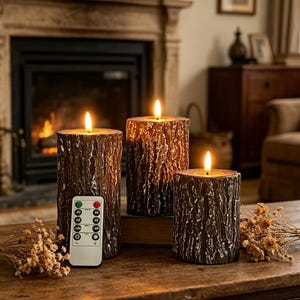 May include: Three battery-operated, faux-wood pillar candles with flickering LED flames. A remote control sits in front of the candles. The candles are brown with a textured bark design. Dried flowers are on the table.