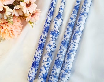 Spiral Candle Sticks Printed Taper Candlestick,2PC Blue Flower Tapered Candle ,Valentine's Gift,Dinner Decor,blue and white Taper Candle