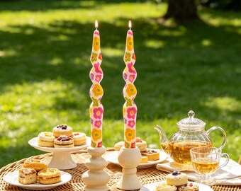 Set of 2 Floral Taper Candles, Colorful Twisted Candles, Retro Flower Candles, Aesthetic Dinner Candles, Gift for Her, Home Decor