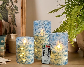Blue Flower Flameless Candles,LED Pillar Candlestick,Remote LED Candle Sticks,Home Decor,Valentine&#39;s Day with Remote and Timer