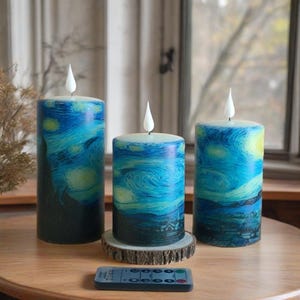 Van Gogh Starry Night Flameless Candles Set of 3,Real Wax Remote Control&Timer LED Candle,Battery Operated Pillar Candles for Birthday Gifts