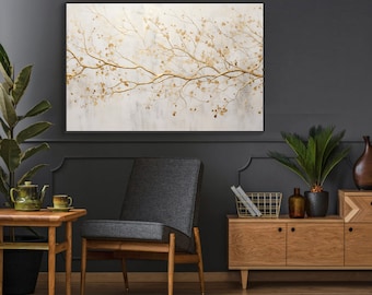 Äste, Baum, Goldzweige 100% handgemalt, Wanddekor Wohnzimmer, abstraktes Acrylölgemälde, Bürostrukturgemälde