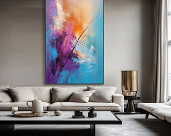 Orange, Blau, Beige, Schwarz, Lila 100% handgemalt, Wanddekor Wohnzimmer, abstraktes Acrylölgemälde, strukturiertes Bild