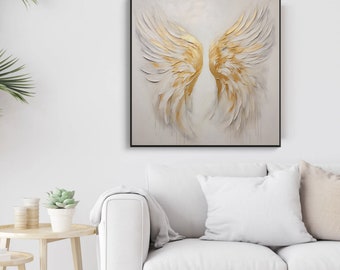 Engelsflügel, Gold, Beige 100% handgemalt, Wanddekor Wohnzimmer, abstraktes Acrylölgemälde, Bürowandkunst, strukturierte Malerei