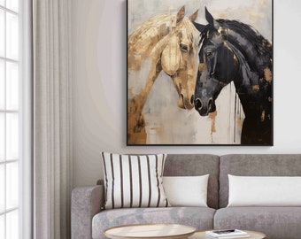 Horse Love, Gold Horse, Black Horse 100% Hand Painted, Wall Decor Living Room, Acrylic Abstract Oil Painting, Textured Painting