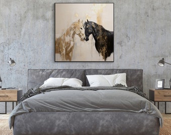 Horse Love, Gold, Black Horse, White Horse 100% Hand Painted, Wall Decor Living Room, Acrylic Abstract Oil Painting, Textured Painting