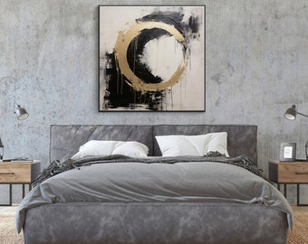 Circle, Gold, Beige, Black 100% Hand Painted, Wall Decor Living Room, Acrylic Abstract Oil Painting, Office Wall Art, Textured Painting