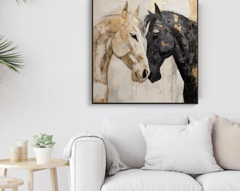 Horse Love, Gold, White Horse, Black Horse 100% Hand Painted, Wall Decor Living Room, Acrylic Abstract Oil Painting, Textured Painting