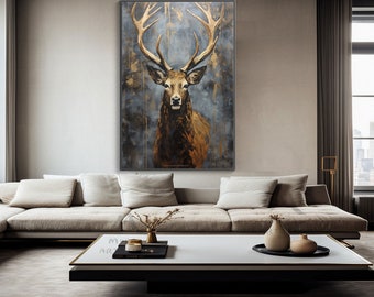 Deer, Blue, Brown 100% Hand Painted, Wall Decor Living Room, Acrylic Abstract Oil Painting, Office Wall Art, Textured Painting