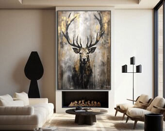 Deer, Grey, Gold, Black 100% Hand Painted, Wall Decor Living Room, Acrylic Abstract Oil Painting, Office Wall Art, Textured Painting