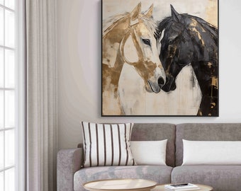 Horse Love, Gold, Black Horse, Beige Horse 100% Hand Painted, Wall Decor Living Room, Acrylic Abstract Oil Painting, Textured Painting