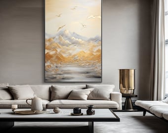 Nature Landscape, Valley, Gold Mountains 100% Hand Painted, Wall Decor Living Room, Acrylic Abstract Oil Painting, Office Textured Painting