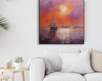 Sunset Landscape, Seascape, Sailboat 100% Hand Painted, Wall Decor Living Room, Acrylic Abstract Oil Painting, Office, Textured Painting