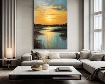 Landschaft, Fluss, ländlich, Sonnenuntergang 100% handgemalt, Wanddekor Wohnzimmer, abstraktes Acrylölgemälde, Bürowand, strukturierte Malerei