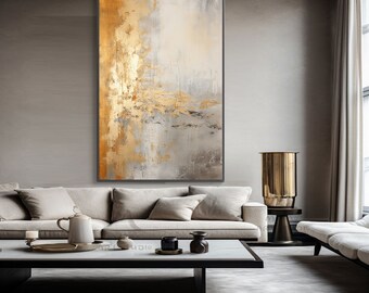 Gold, Grau, Beige 100% handgemalt, Wanddekor Wohnzimmer, abstraktes Acrylölgemälde, Bürowandkunst, strukturierte Malerei