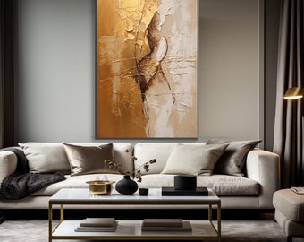 Gold, Braun, Beige 100 % handbemalt, Wanddekoration Wohnzimmer, abstraktes Acryl-Ölgemälde, Büro-Wandkunst, Strukturgemälde