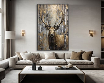 Deer, Gold, Grey, Black, Brown 100% Hand Painted, Wall Decor Living Room, Acrylic Abstract Oil Painting, Office Wall Art, Textured Painting