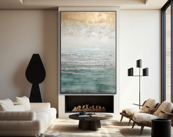 Meeresblick, Meerlandschaft, Goldhimmel, silberne Wellen 100% handgemalt, Wanddekor Wohnzimmer, abstraktes Ölgemälde strukturiertes Acrylbild