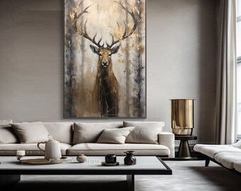 Deer, Gold, Grey, Black 100% Hand Painted, Wall Decor Living Room, Acrylic Abstract Oil Painting, Office Wall Art, Textured Painting