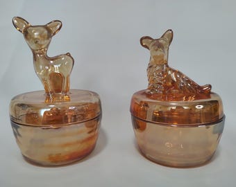 2 Peach Colored Carnival Glass Trinket Jars With Lids