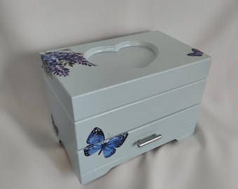 Vintage Blue Cottagecore Wooden Jewelry Box