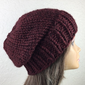 Wine Color Chunky Knit Slouchy Beanie, Soft Warm and Made With Quality Wool Blend Washable Yarn