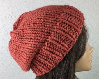 Knit Slouchy Beanie Hat made with a Chunky Vegan Yarn, Ready to Ship