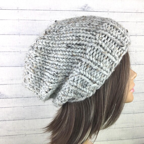 Handcrafted Knit Spiral Slouchy Beanie - Grey Marled Gray Mega Knit Slouchie Beanie Hats For Women | Neoneaters main image 2