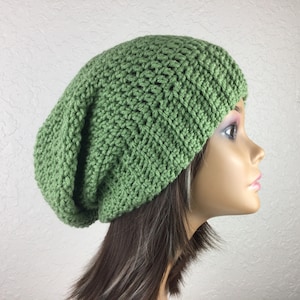 Green Slouchy Beanie, Crochet Hat for Women
