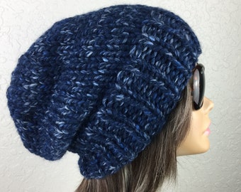 Blue Winter Knit Slouchy Beanie, Hand Crafted With Wool Blend Chunky Yarn