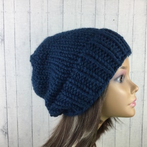 Blue Knit Slouchy Beanie Made With Chunky Yarn, Wool Blend Winter Hat