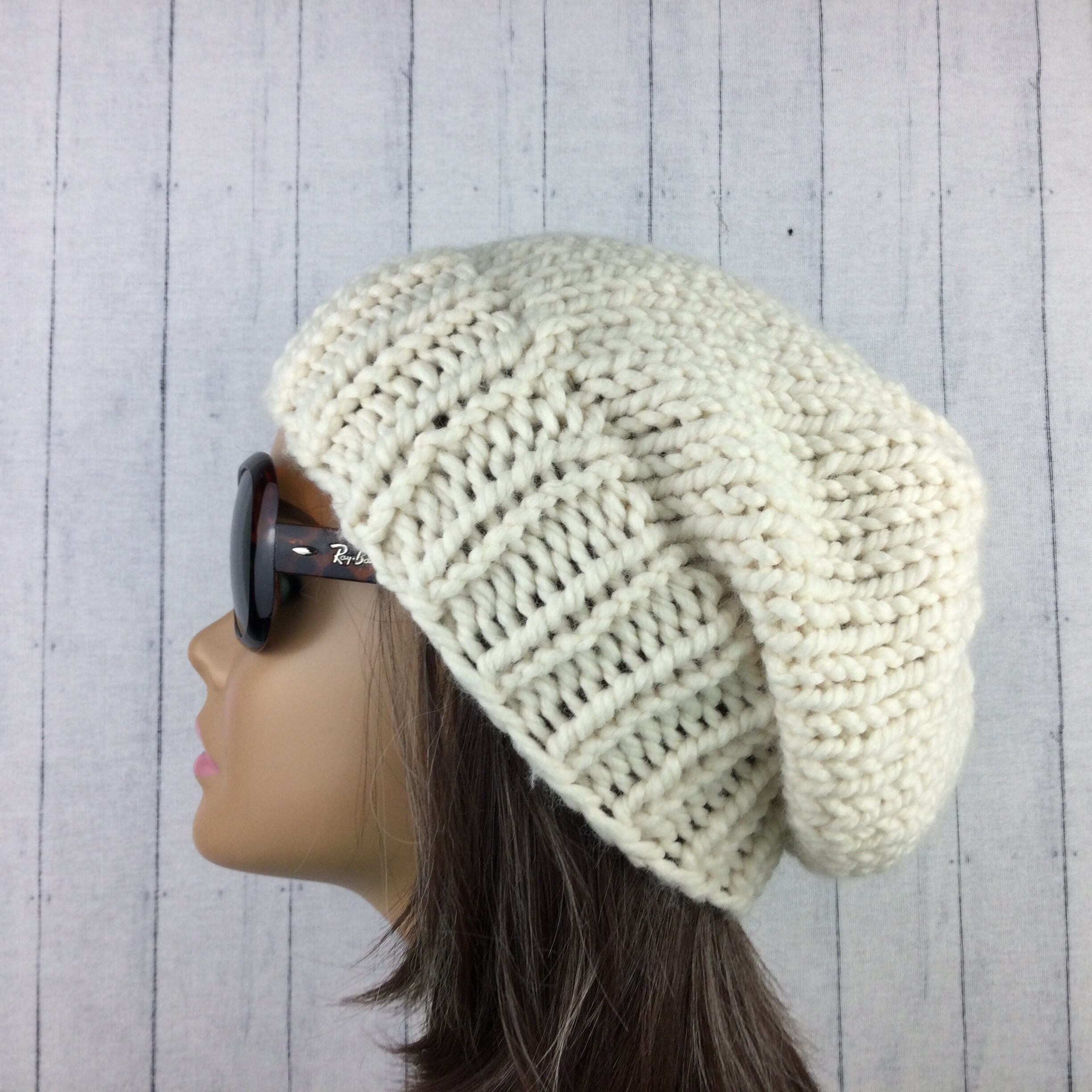 NEW Handmade Cream off white Chunky Knit Wool Acrylic Slouchy Toboggan Beanie Cream Off white ski hat chunky thick knit slouch cap beanie  main image 2