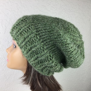 Hand Knit Green Alpaca Blend Slouchy Beanie: Unisex Chunky Hat