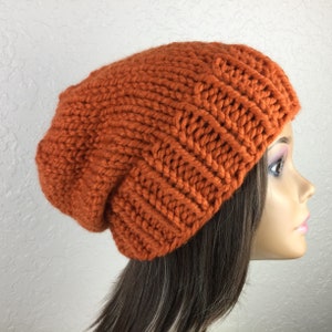 Slouchy Beanie Knit Hat made With Chunky Yarn in Pumpkin Color