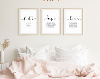 Faith Hope Love | Bible Verse Wall Art Set of  3 Prints | Scriptures from Hebrews 11| Jeremiah 29 11| John 3 16| Living Room Christian Decor