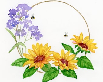 Corona de girasoles, estampado de acuarela, primavera, abejas