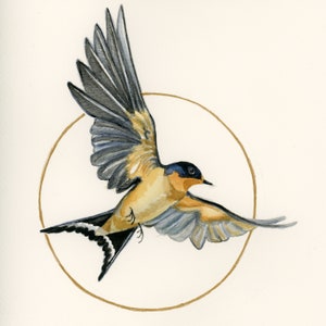 May include: Watercolor painting of a swallow in flight, with wings spread wide. The bird features a yellow breast, blue and black wings, and a black head. A gold-colored circle frames the bird against a white background.