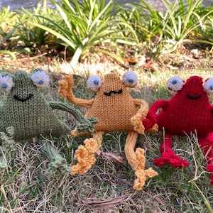 May include: Three knitted frog toys with different colored bodies: green, orange, and red. Each frog has large white eyes with blue pupils and a black stitched smile.