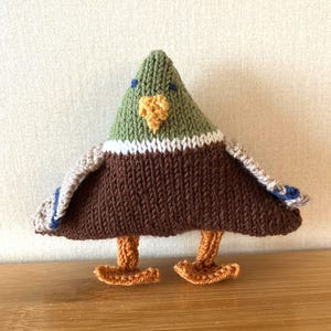 May include: A handmade knitted bird toy with a green head, brown body, and orange feet. The bird has a white and brown stripe around its neck and small blue accents on its wings. The toy is made of yarn.