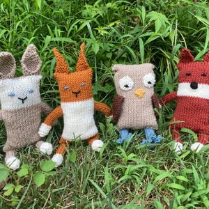 Peut inclure: Quatre animaux en peluche tricotés : un lapin brun, un renard orange, un hibou brun et un écureuil brun. Les animaux sont tous assis sur un lit d'herbe verte.