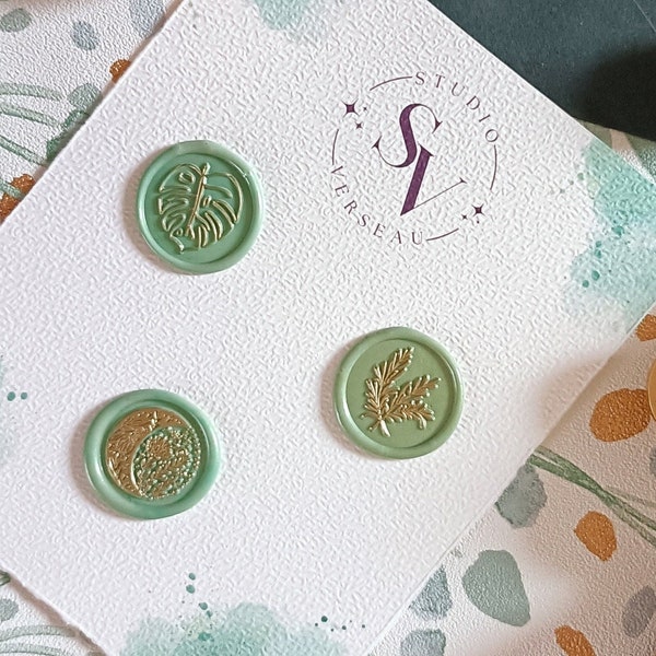 Set 3 sceaux de Cire - Motif "Floral" - Vert & Or - Adhésif - Cachet de cire - Wax Seals