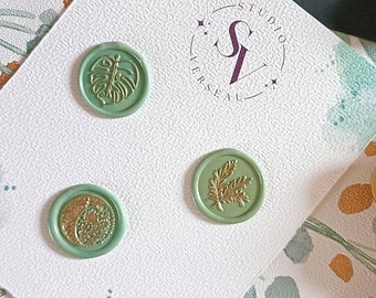 Set of 3 Wax Seals - "Floral" Pattern - Green & Gold - Adhesive - Wax Seal - Wax Seals