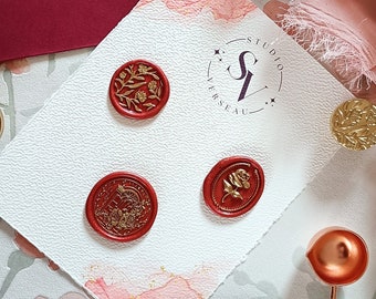 Set 3 sceaux de Cire - Motif "Roses" - Rouge & Or - Adhésif - Cachet de cire - Wax Seals